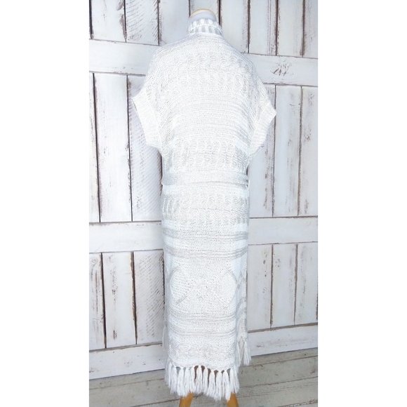 90s vintage ivory/gold long duster cardigan sweater/short sleeve fringe tassel - Picture 3 of 5